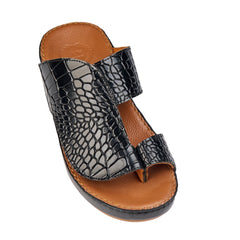 AN - 7015 Black / Tan - Glossy Croc-Textured Luxury Handcrafted Arabic Sandal for Men
